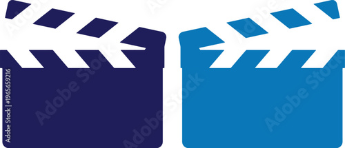 Dynamic film clapperboard vector icon set, two modern movie clapboard symbols in blue and dark blue, ideal for video production, cinema, and entertainment industry branding.