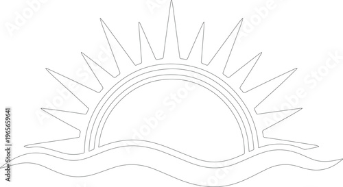 Minimalist sun and waves vector icon, rising sun graphic element, simple sunrise illustration, ocean horizon design for summer branding