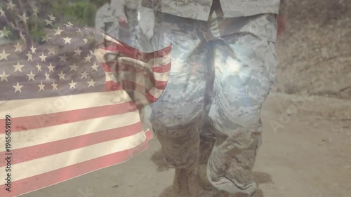 Animation of flag of america waving and fireworks exploding over army soldiers marching in row