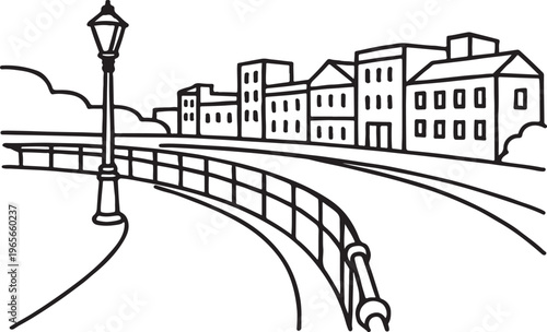 Riverside Coloring Fan. City embankment scene children's coloring book illustration, outlined drawing, simple tall buidings behind a curved railing beside. 