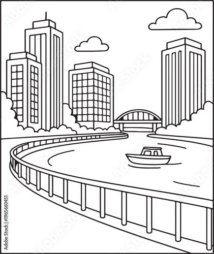 Riverside Coloring Fan. City embankment scene children's coloring book illustration, outlined drawing, simple tall buidings behind a curved railing beside. 
