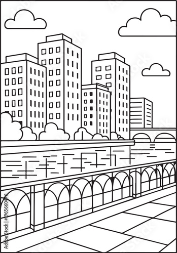 Riverside Coloring Fan. City embankment scene children's coloring book illustration, outlined drawing, simple tall buidings behind a curved railing beside. 