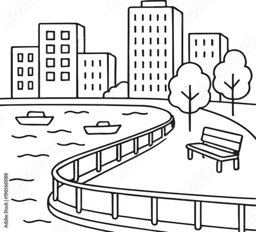 Riverside Coloring Fan. City embankment scene children's coloring book illustration, outlined drawing, simple tall buidings behind a curved railing beside. 