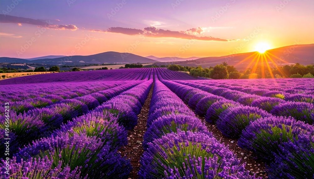 Fototapeta premium Lavender field at sunset with mountains.