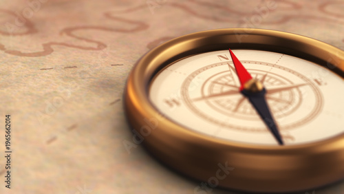 Defocused Vintage Compass Pointing North on Old Map with Copyspace