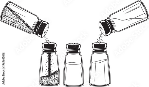 Four views of salt and pepper shakers seasoning spices in silhouette