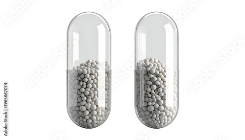 Two translucent pill capsules filled with tiny, spherical granules on a stark black background