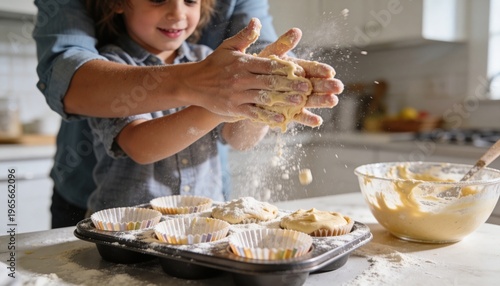 Shaping child and adult hands in denim shirts, guiding batter over muffin tin at kitchen counter