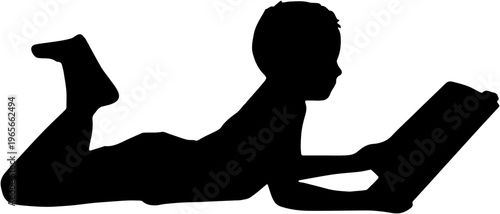 Silhouette of a Child Lying Down and Reading a Book, Kid Education and Literacy Concept Vector