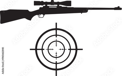 Silhouette of rifle with scope above target symbol on white background