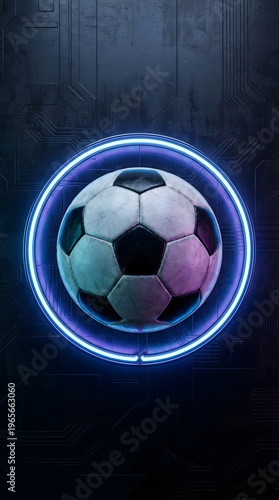 Soccer ball with neon circular frame creating futuristic cyberpunk football design.