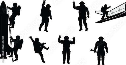 "Set of astronaut silhouettes in various poses climbing ladder, waving, walking, floating, repairing spacecraft, space exploration vector illustration"