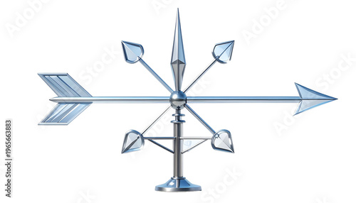 Shiny metal weather vane against black, indicating wind direction with arrow and cardinal points