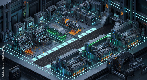 Futuristic Isometric Industrial Factory with Advanced Automation and Robotics System