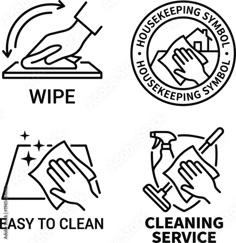 Cleaning symbols representing housekeeping and maintenance instructions  
