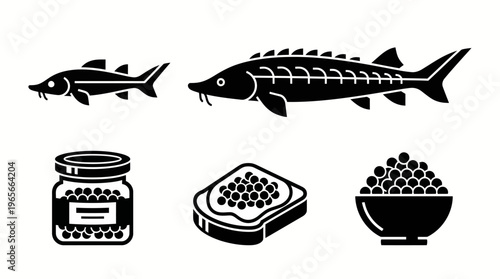 Elegant vector icons of sturgeon fish and gourmet roe. Features detailed fish, jars, toast, and bowls of delicate seafood pearls for culinary themes and designs