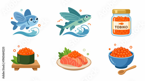 Vibrant vector set of cute flying fish and delicious fish roe. Includes sushi, sashimi, and caviar in various presentations, ideal for marine and seafood culinary graphics