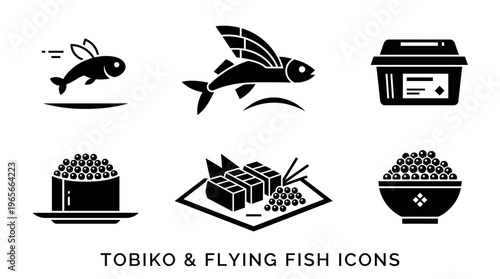 Set of graphic icons representing flying fish and tobiko, perfect for food and travel related designs