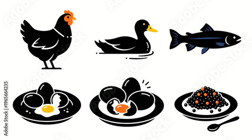 Modern black vector icon collection of essential animal food sources poultry, fish, fresh eggs, and gourmet caviar, perfect for culinary and healthy eating graphics