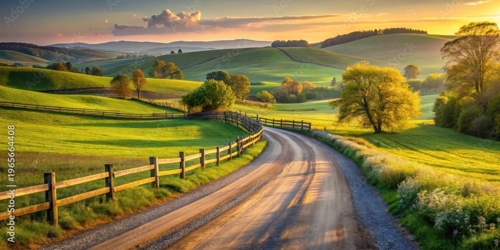 Naklejka premium Serene Sunset Vista A Country Road Winds Through Rolling Green Hills, Past Wooden Fences and Lush Meadows Bathed in the Golden Light of the Evening Sun