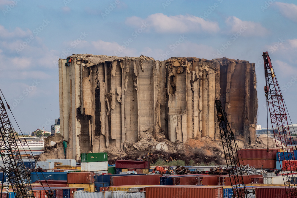 Fototapeta premium Damaged Beirut port grain silos, Lebanon