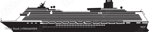 Silhouette of large cruise ship with multiple decks and smokestacks on white background large ship