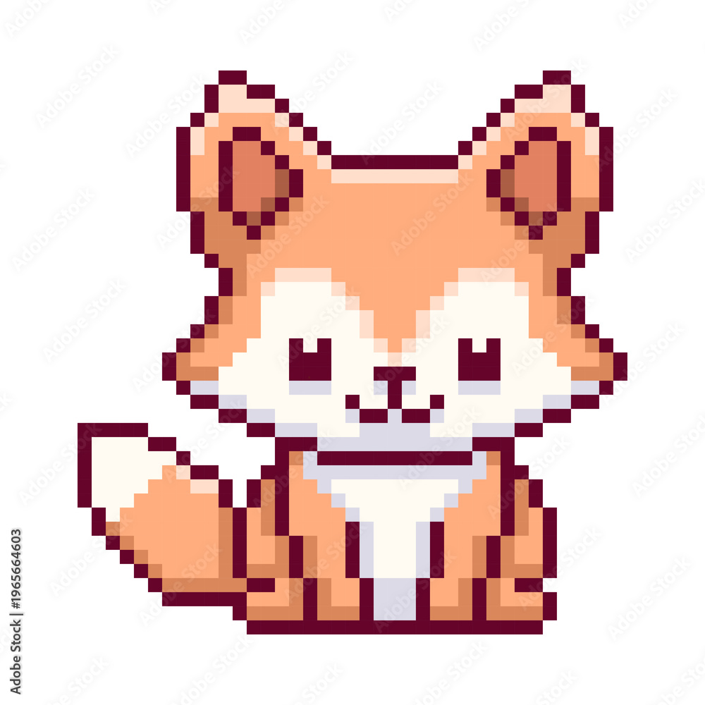 Fototapeta premium Charming 8-bit pixel art kawaii fox character sprite with a bushy tail and a friendly smile. Perfect for creating nostalgic indie game assets and animal-themed project