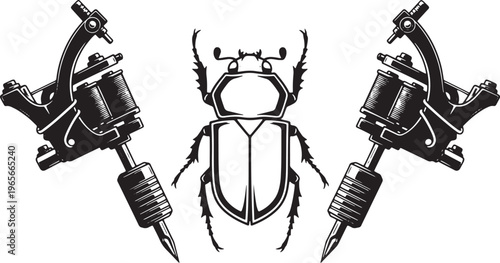 Symmetrical tattoo machines and beetle silhouette black and white