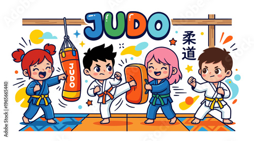 Energetic cartoon children practicing martial arts, demonstrating judo and karate techniques in a vibrant dojo environment, highlighting fun, discipline, and skill development