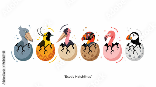 Discover a fascinating array of unique and colorful exotic birds, including flamingos and shoebills, peeking out of their eggs in a charming, stylized vector illustration