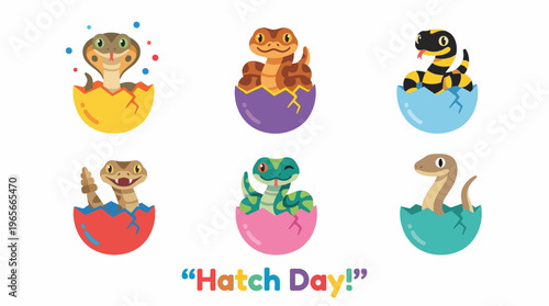 A charming assembly of diverse baby snakes breaking free from their colorful eggs, eagerly celebrating their special day of emergence