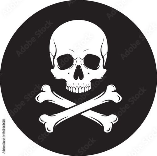 White human skull with crossbones on black circular background
