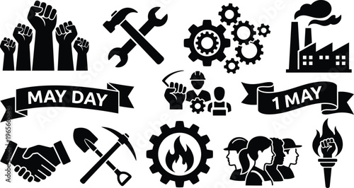 Iconic symbols representing international workers day and labor movement themes
