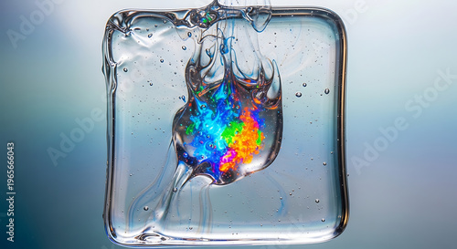 Colorful Liquid Splash in Glass Cube with Abstract Rainbow Ink Flow