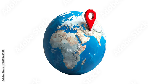 A 3D rendered globe with a prominent red location marker, set against a black backdrop
