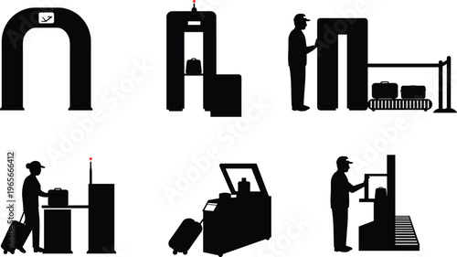 Airport security check-in process vector illustration with passengers, luggage scanning, body scanner, kiosk check-in, boarding pass, travel safety icons