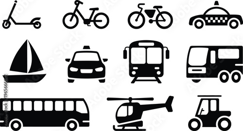 Black and white icons of various modes of transportation and vehicles