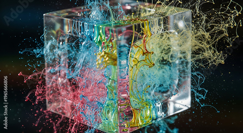 Colorful Liquid Splash in Glass Cube with Abstract Rainbow Ink Flow