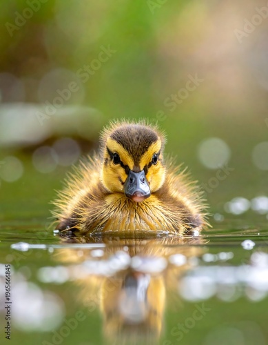 A fluffy, adorable duckling swims calmly on the water's surface, reflecting its image. Surrounded by bokeh, creating depth and softness