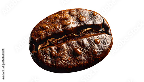 Close-up of a single roasted bean with water droplets, isolated on black
