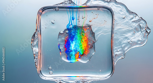 Colorful Liquid Splash in Glass Cube with Abstract Rainbow Ink Flow