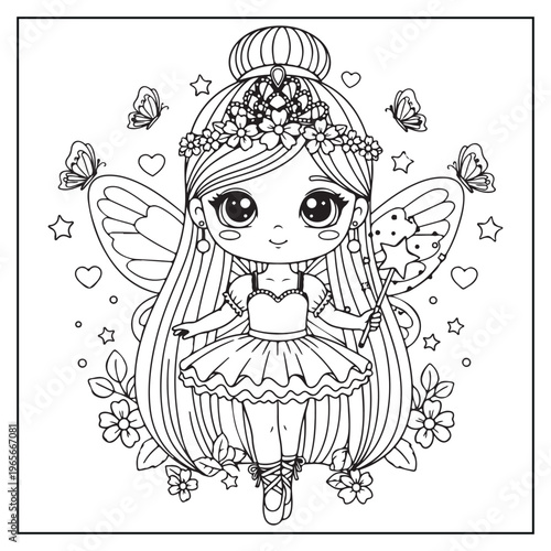 Adorable fairy girl with long hair and wings a coloring page illustration