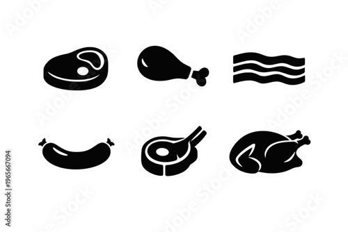 Meat and protein food silhouette icon set in minimal flat vector style