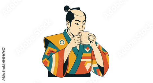 Japanese samurai drinking tea illustration