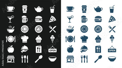 Contrasting monochrome and colored food and beverage icons set