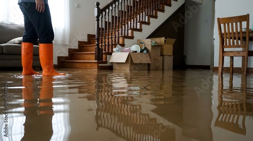 Severe indoor flooding in modern home with water covering floor, person standing in rubber boots near staircase, property damage, water leak disaster, insurance claim concept