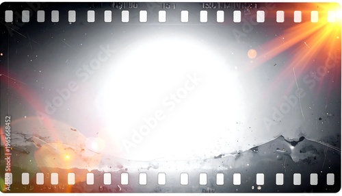 A film strip overlay with a bright flare effect. Grungy textured elements, lens flares, and a bright light source complete the design