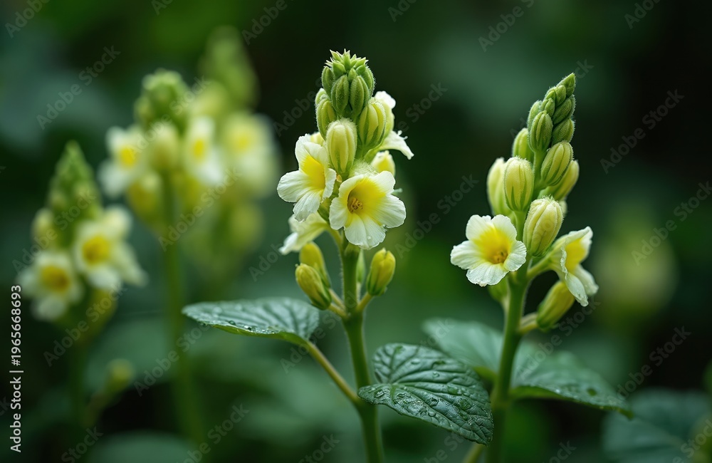 Fototapeta premium Pale yellow flowers with green buds grow on tall stems. Leaves are wet with rain droplets. Soft focus background of lush garden foliage. Elegant bloom detail.