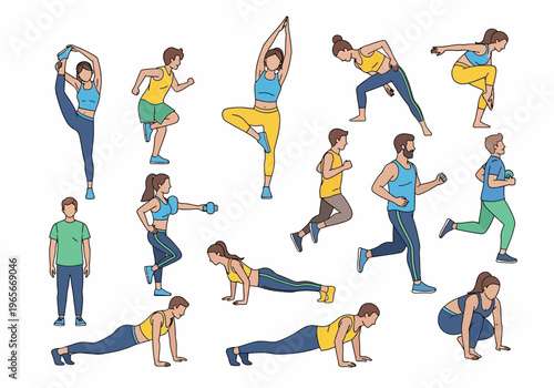 People doing various yoga poses and exercises.