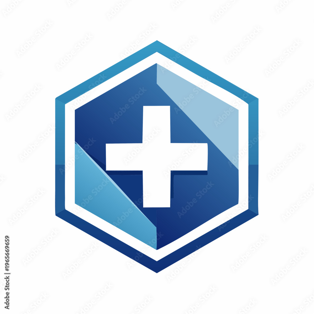 Obraz premium Modern blue hexagonal icon featuring a prominent white plus symbol, representing addition, creation, or positive new action